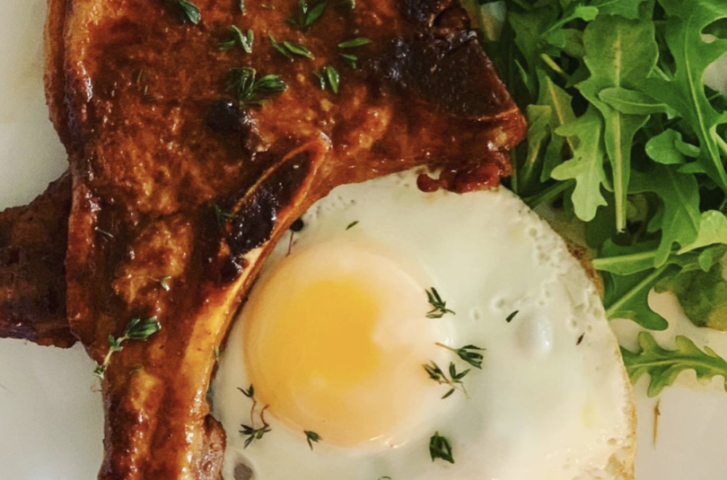 Makers Mark-Glazed Pork Chop With Fried Egg