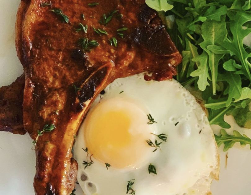 Makers Mark-Glazed Pork Chop With Fried Egg